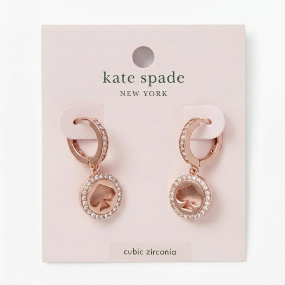 Kate Spade Spot The Spade Pave Huggies Drop Dange Earrings, Rose Gold, NWT $69